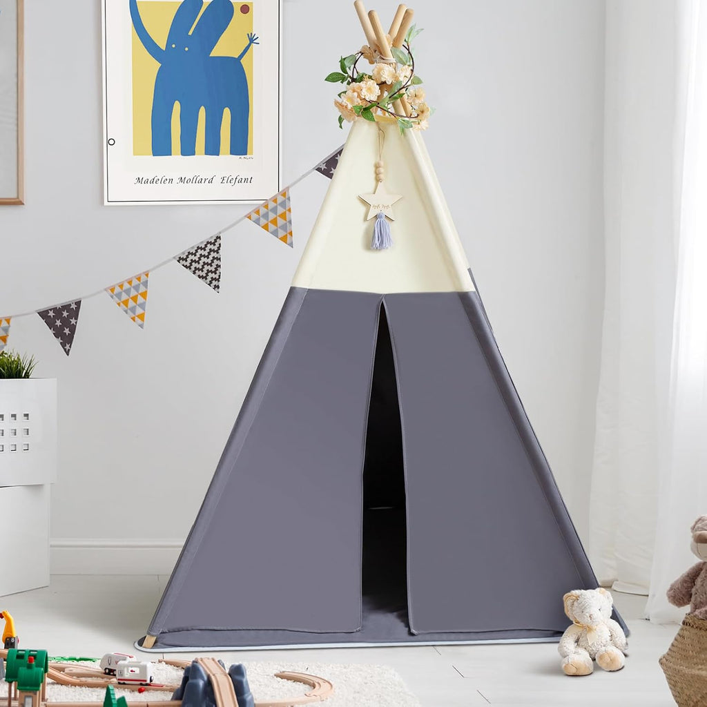 Teepee Tent for Kids, 100% Cotton Play Tent with Mat, Kids Teepee Tent with Colored Flag, Quality Portable Play Tent