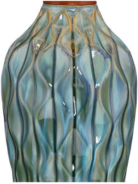 Rocco Mid Century Modern Table Lamp 30" Tall Ceramic Blue Teal Glaze Wood Handmade Linen Drum Shade Cottage Core Decor