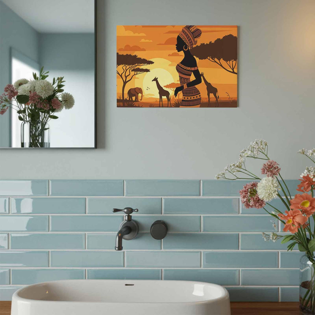 African Women Canvas Print Wall Art - Africa Ethnic Elephant Giraffe Animals Sunset - Wall Decor Modern Artwork