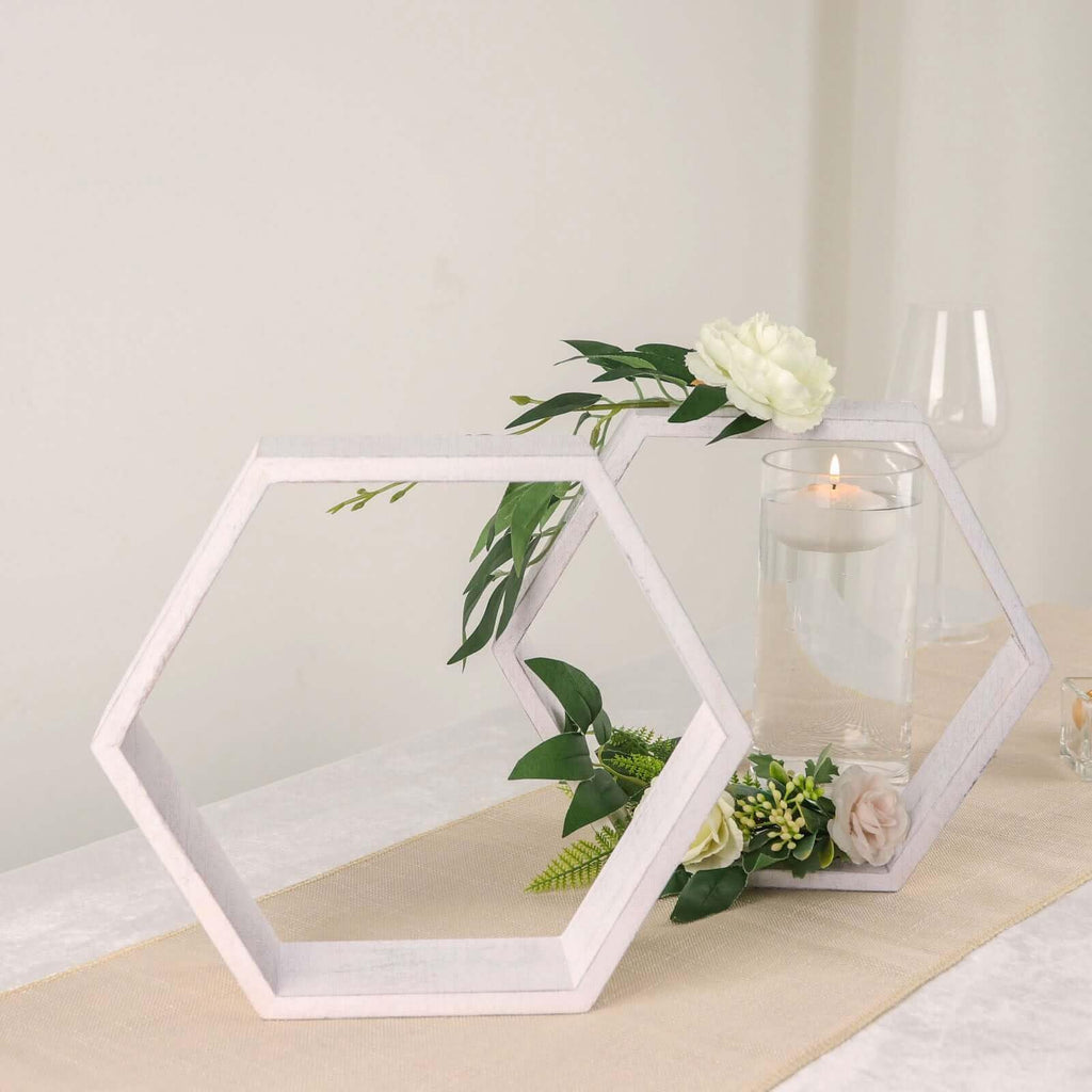 2 Pack | 9" Hexagon Whitewashed Wood Centerpiece, Geometric Terrarium, Honeycomb Storage Shelf