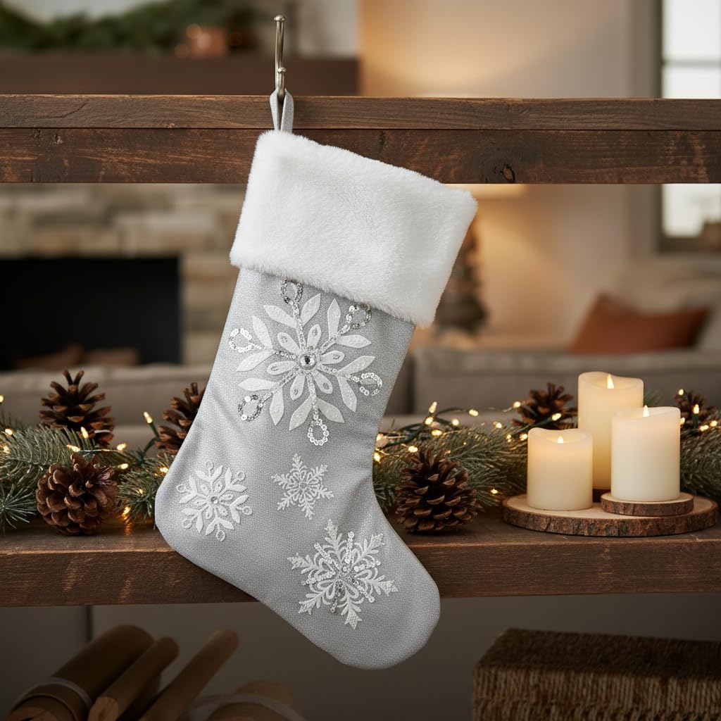 18" Silver Snowflake Christmas Stocking, Elegant Sequin Embroidery with Faux Fur Trim, Sophisticated Holiday Mantel