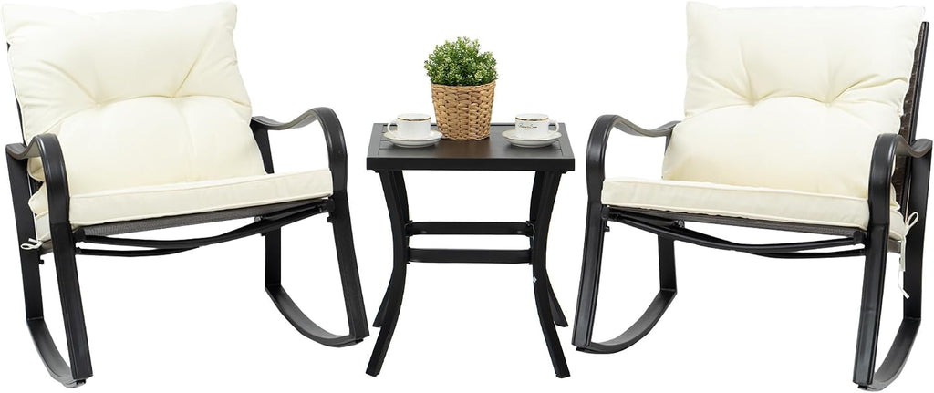 3 Piece Outdoor Rocking Chairs Patio Bistro Set | Coffee Table and Cushions, Patio Wicker Rocking Chair Furniture Set