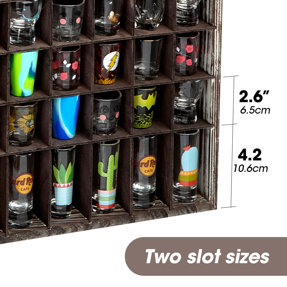 Shot Glasses Display Case(Set of 2) 56 Compartments Wall Mount Pint Glass Shadow Box Bar Cabinet Collection