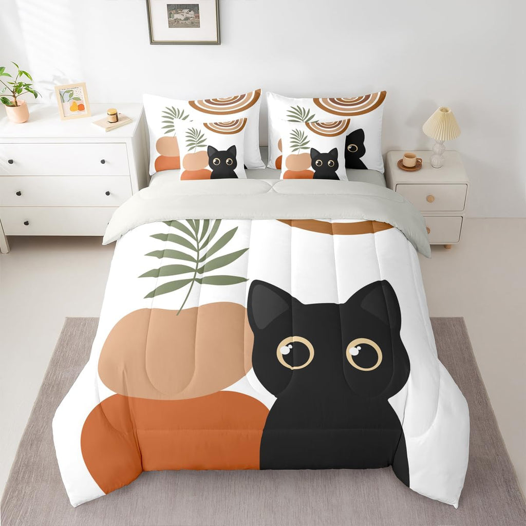 7 Pcs Kids Funny Cat Bedding Set Boho Mid Century Comforter Set with Sheets Twin Size Modern Minimalism Animals Bed