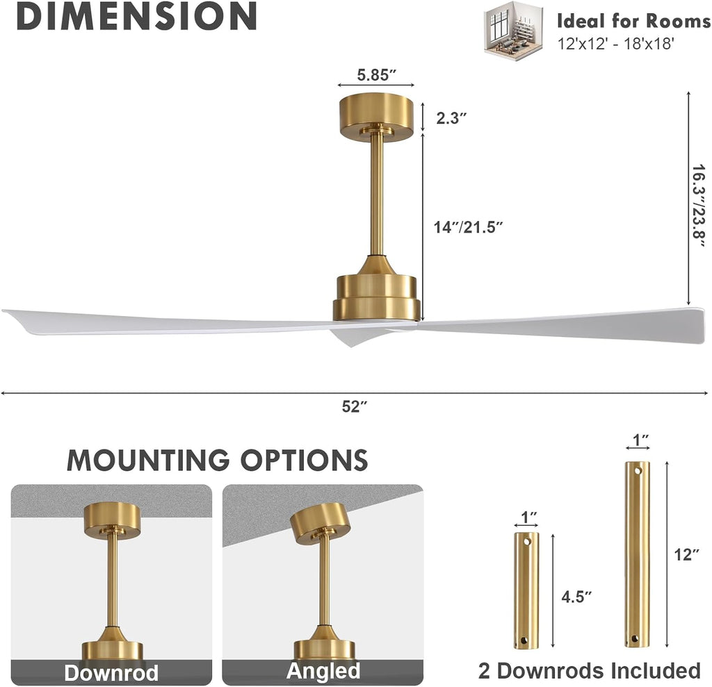 Inspired Adler Style 52" DC Ceiling Fan Without Light, 3 Sculpted ABS Blades, 6-Speed Remote - Brass and White