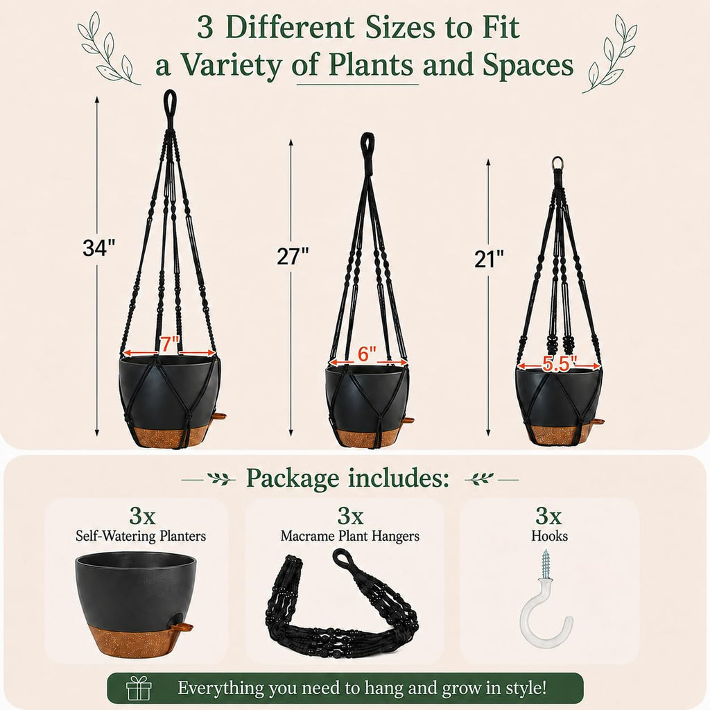 3 Pack Self Watering Hanging Planters Macrame Plant Hangers with Indoor Flower Pots, 3 Different Size Hanging Basket