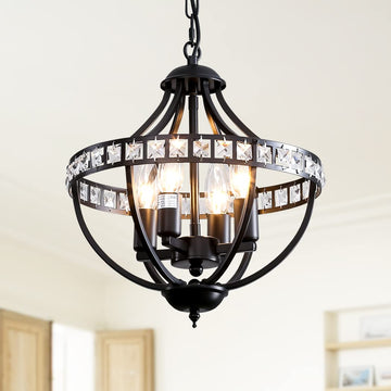 Crystal Chandelier Light Fixtures, 4-Lights Farmhouse Rustic Vintage Black Pendant Hanging Lighting Ceiling