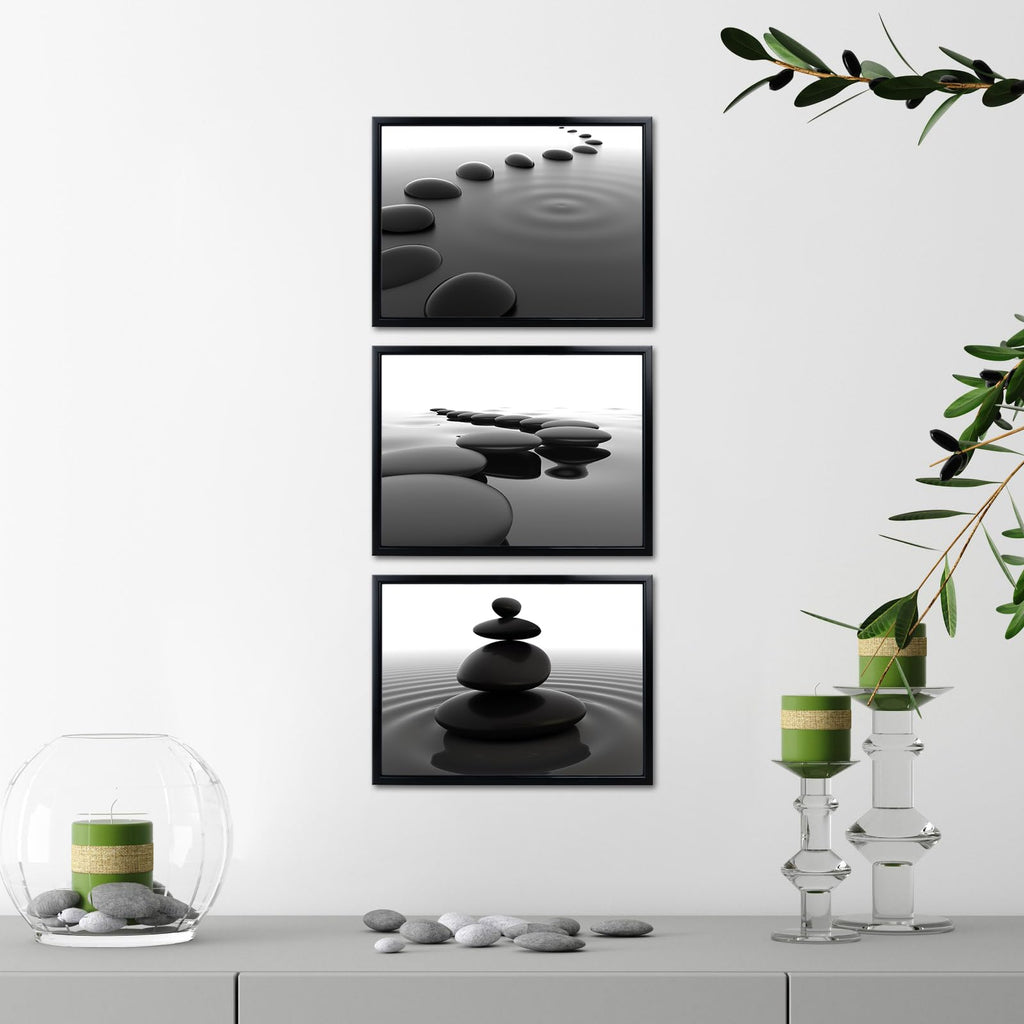 3pcs Black and White Zen Wall Art Stones in Water Canvas Prints with Black Frame Yoga Meditation Spa Living Room
