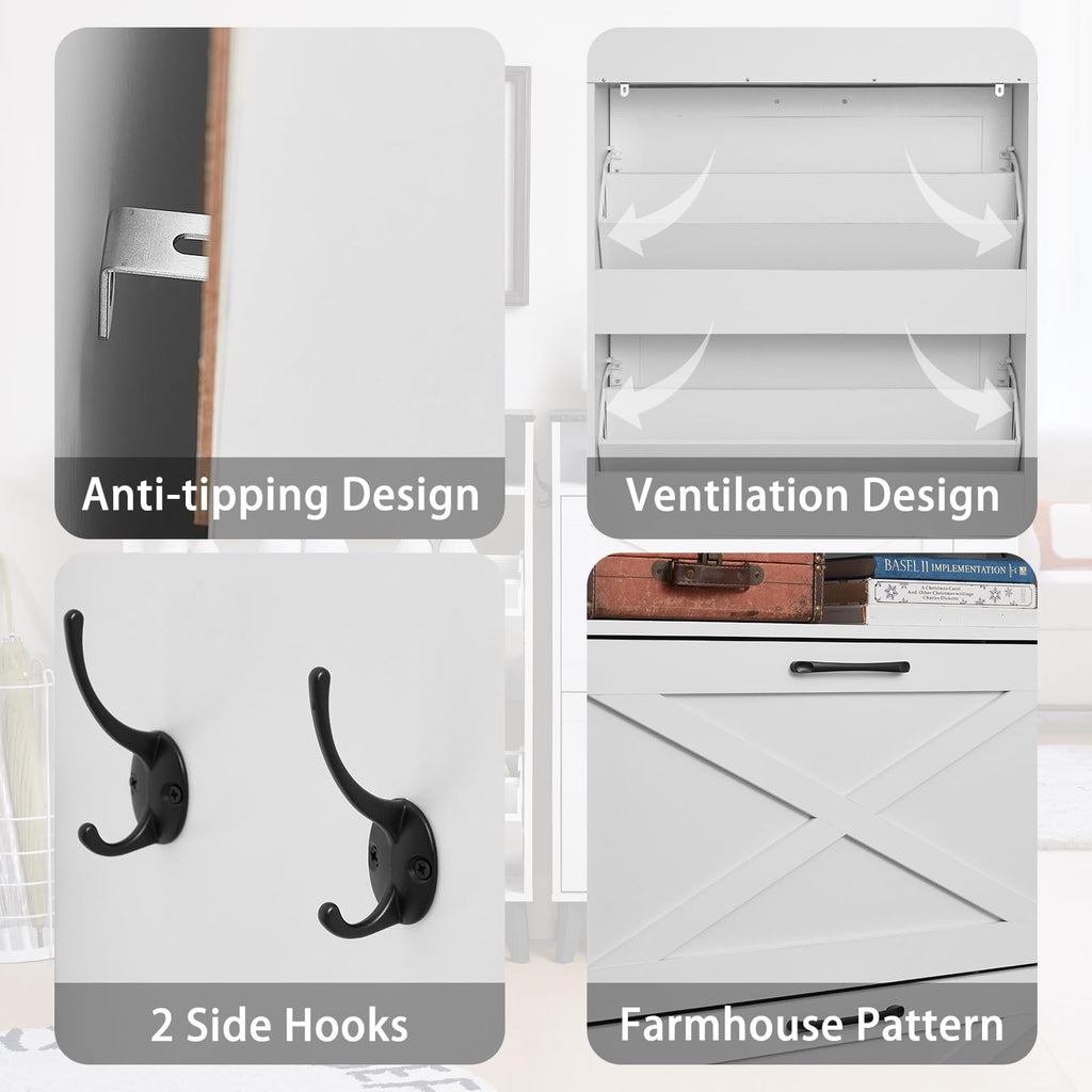 Narrow Shoe Cabinet with 2 Flip Drawers, White