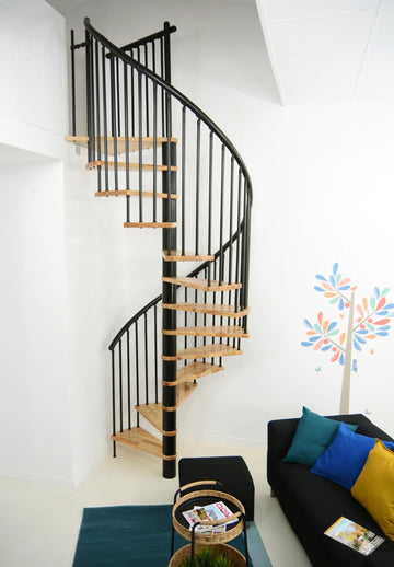 Austrian Indoor Spiral Staircase, Beech Wood Lacquered Steps, Aluminum Handrail & Steel Spacers Railing in 3 Colors