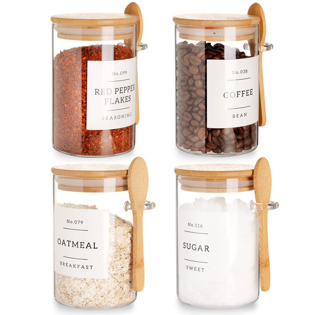 Glass Jar with Bamboo Lid and Spoon - 4 Pcs 17 oz Sugar Container with 132 Food Pantry Labels - Glass Containers with
