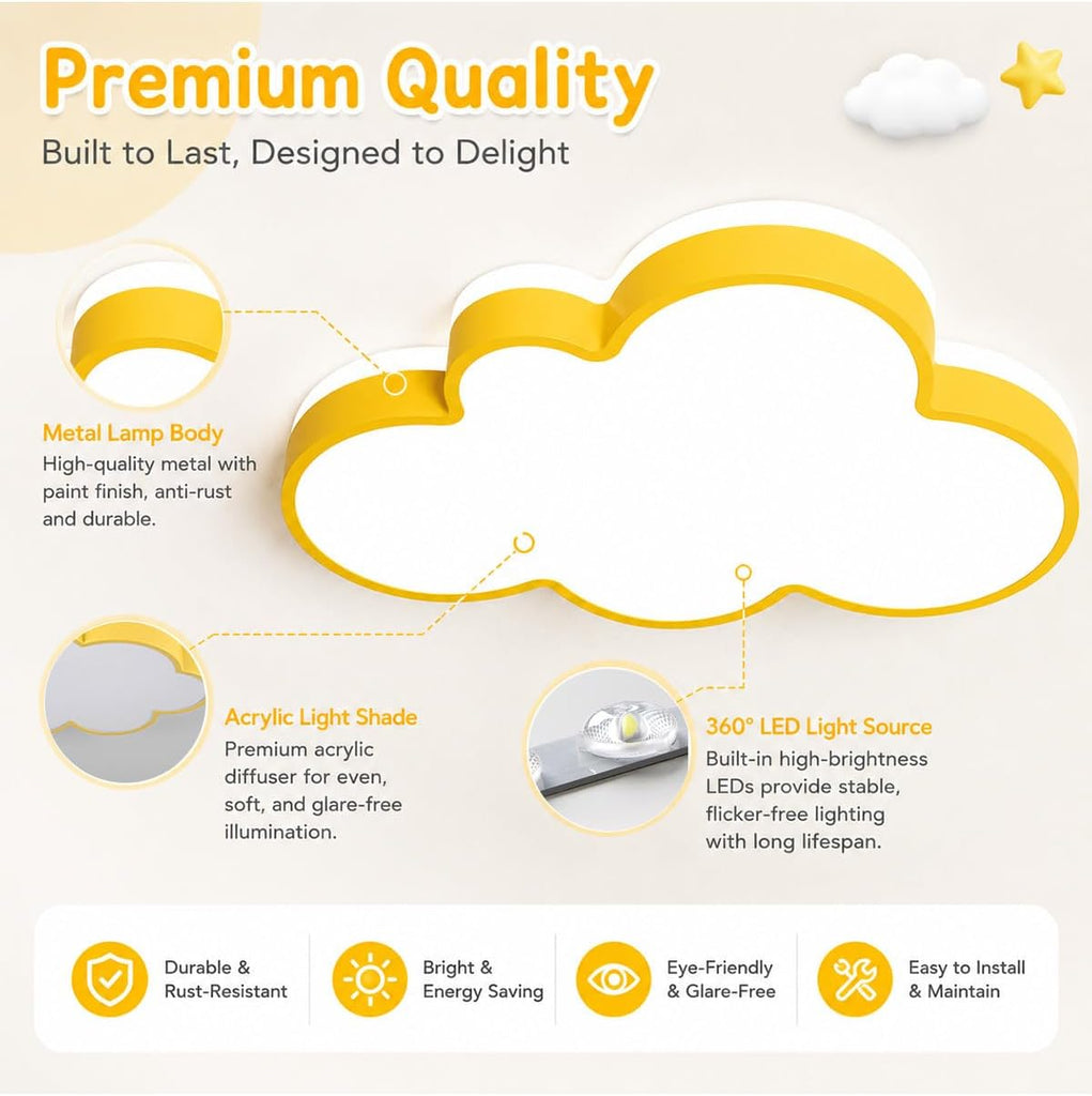 Yellow Cloud Ceiling Light with Remote, 23" Kids Room LED Flush Mount Ceiling Light, 3 Color Temperatures