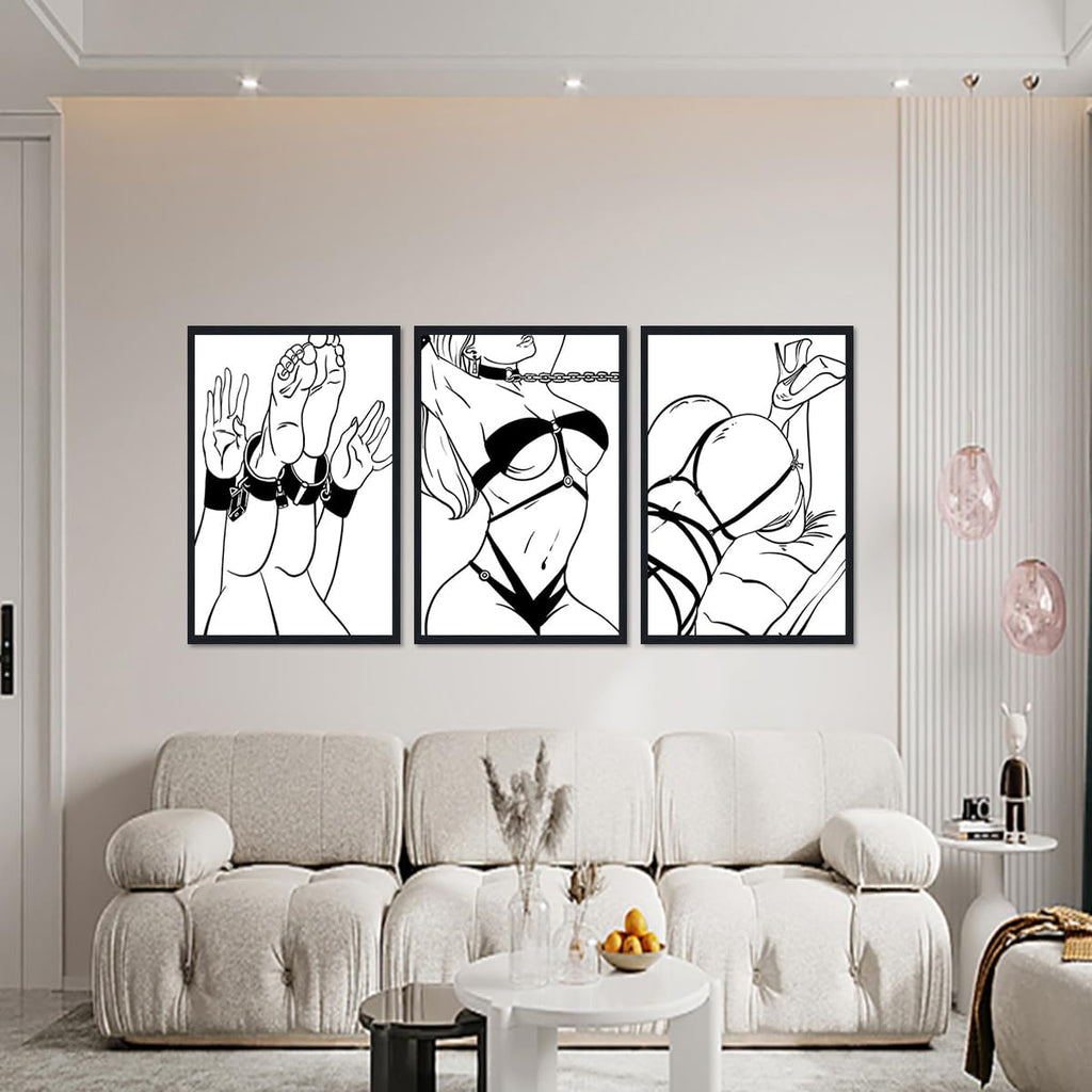 Sexy Woman Body Lines Canvas Wall Art 3 Plane Abstract Erotic Girl Nude Posters Bondage Female Fetish Prints Artwork