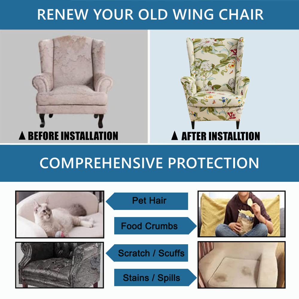 Wingback Chair Slipcover 2 Piece Stretch Printed Wing Chair Cover with Cushion Cover Thick Spandex Full Protection