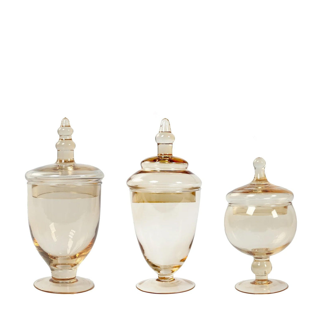 Set of 3 Amber Gold Apothecary Glass Jars with Snap On Lids, Decorative Footed Storage Jars Candy Buffet Containers