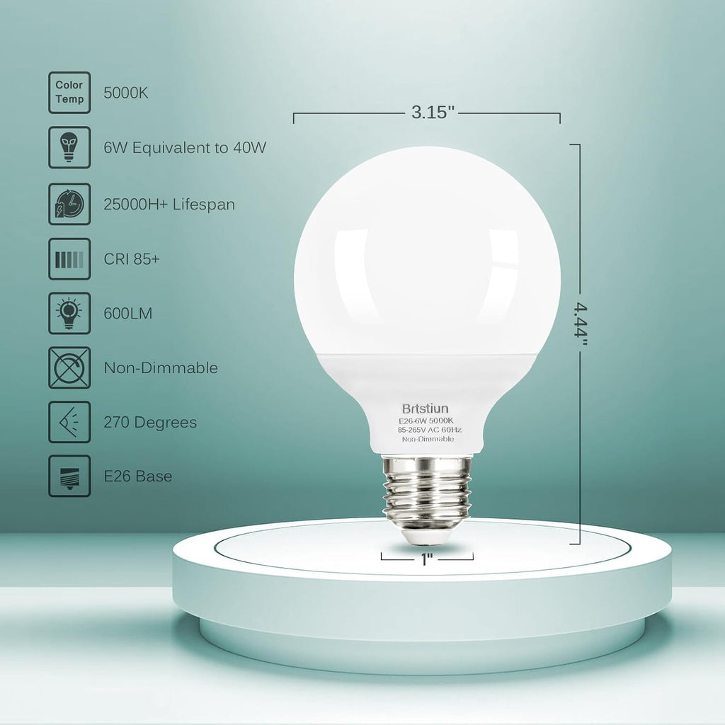 G25 LED Light Bulb, Round Vanity Light Bulbs for Bathroom, 40W LED Equivalent, Daylight White 5000K, Globe Light