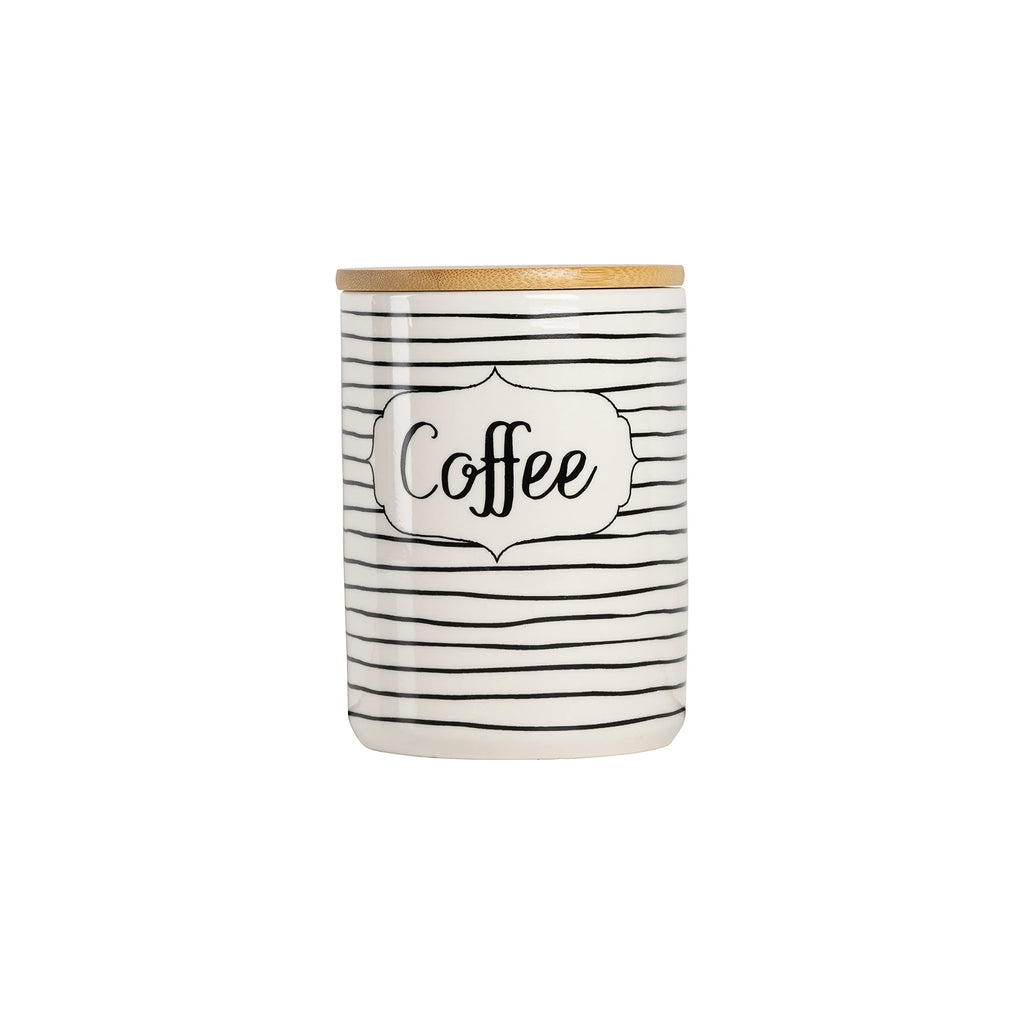 Labeled Ceramic Kitchen Canister Set, Set of 3, Coffee Sugar Flour, White/Black, Bamboo Lids
