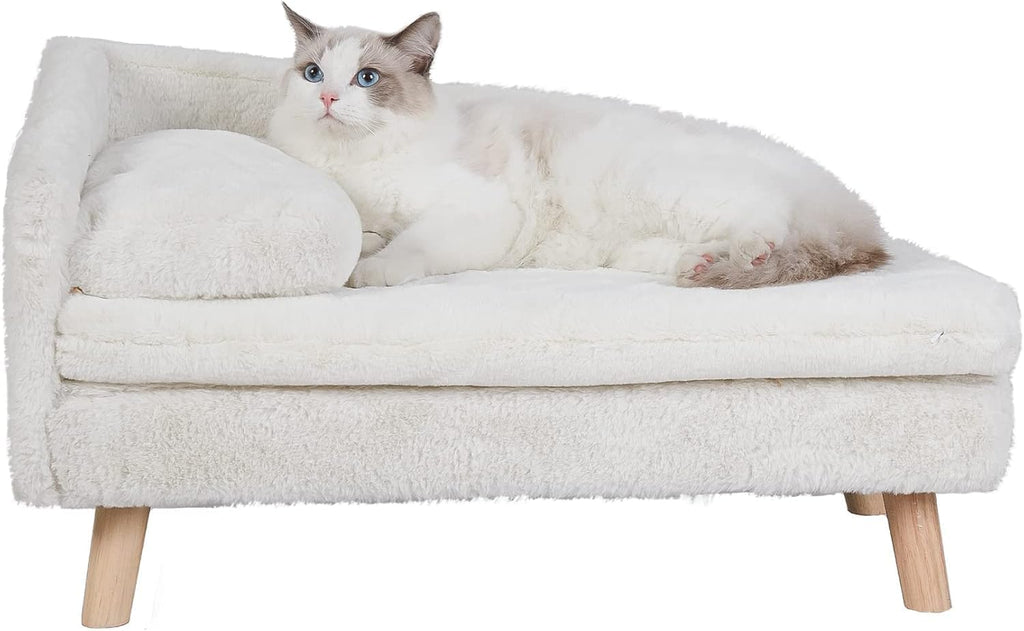 Elevated Cat Couch Sofa: Wooden Cat Bed Dog Chair with Bolster Cushion for Small Dogs Cute Pet Chaise Soft Cushion