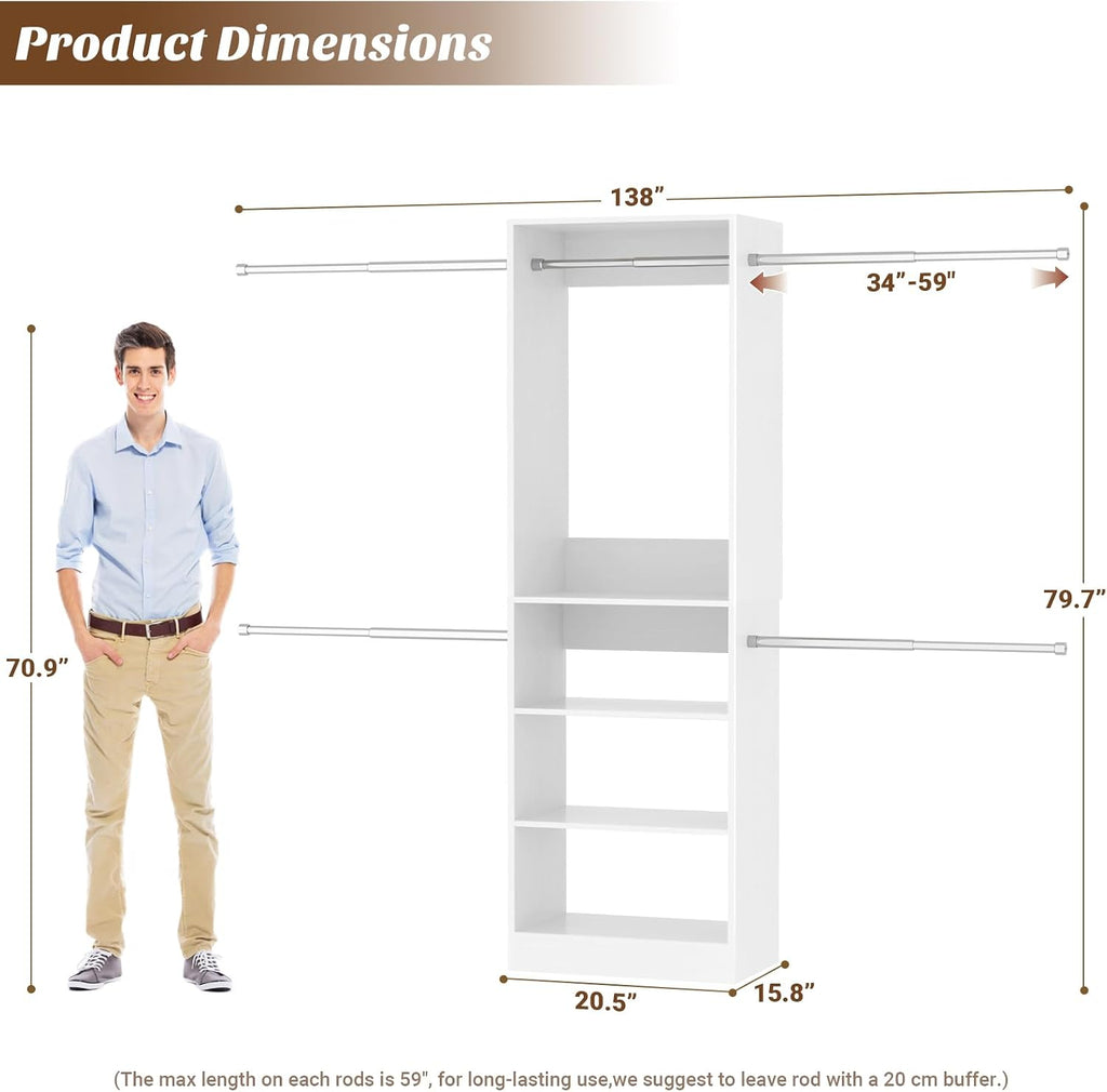 12FT Large Open Closet System, 138'' Wall-Mounted Closet Shelving with 5 Hanging Rods and 6 Shelves, Customizable