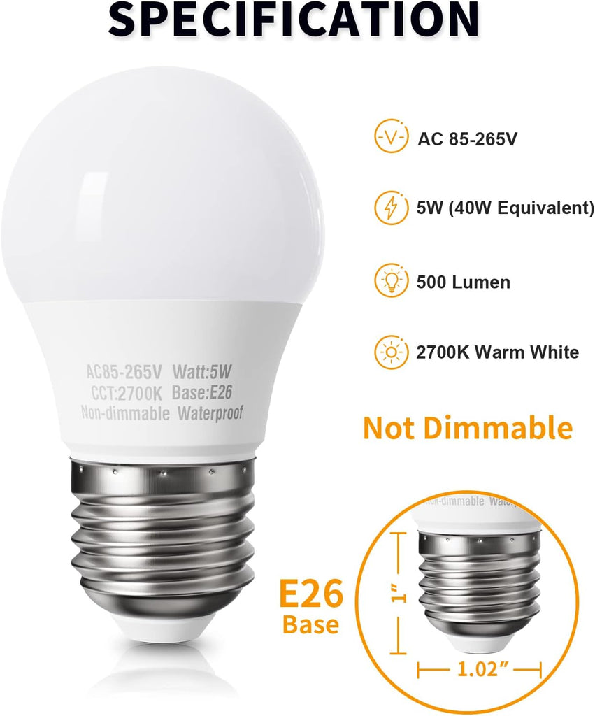 Warm White A15 Appliance Light Bulb, 40W Equivalent, 120V, 2700K, E26 Base