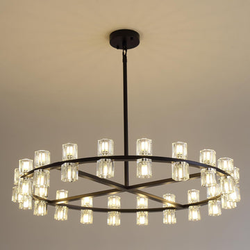 Inspired Arcachon Style Round Wagon Wheel Chandelier, 40" 40-Light Black — Foyer, Dining & Living Room