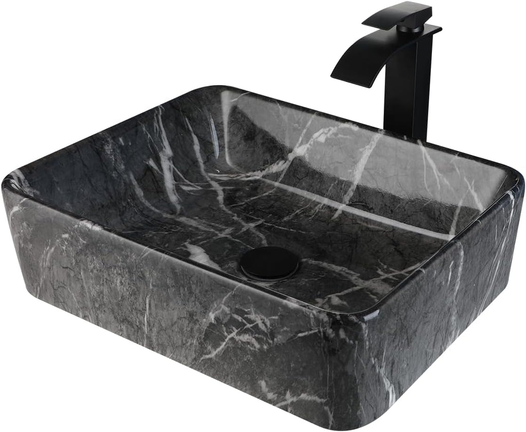 Black Marble Bathroom Vessel Sink With Faucet and Drain 19x15 Inch Rectangular Ceramic Sink Marbling Basin Bowls Above