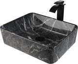 Black Marble Bathroom Vessel Sink With Faucet and Drain 19x15 Inch Rectangular Ceramic Sink Marbling Basin Bowls Above