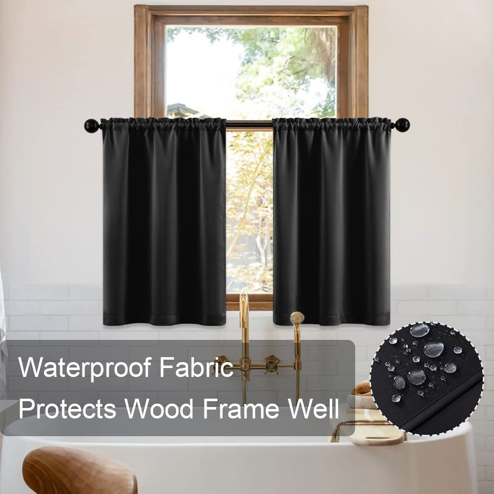 Bathroom Curtains Window Short, Small Waterproof Blackout Cafe Curtain 36 Inch Length, Set of 2, Black