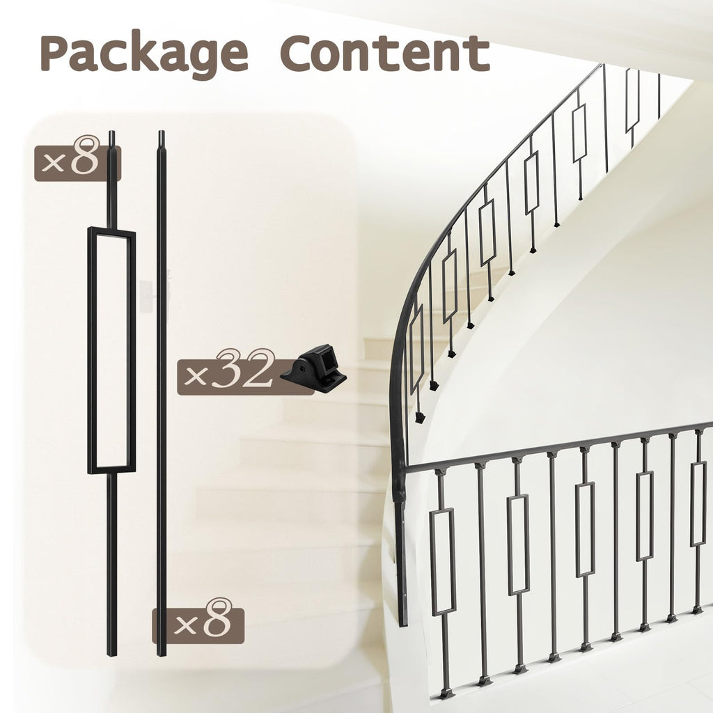 16 Pcs Wrought Iron Balusters for Staircase, 1/2" x 44" Rectangular Hollow Iron Spindles Deck Balusters with 32 Fixed
