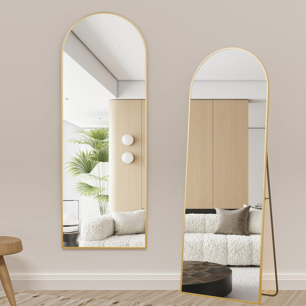Full Length Mirror, 64"x21" Arch Mirror Floor Mirror with Stand, Gold Arched Full Body Standing or Leaning Mirror