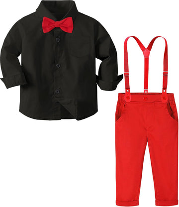Toddler Suit Boys Suspender Dress Outfit & Bow Tie