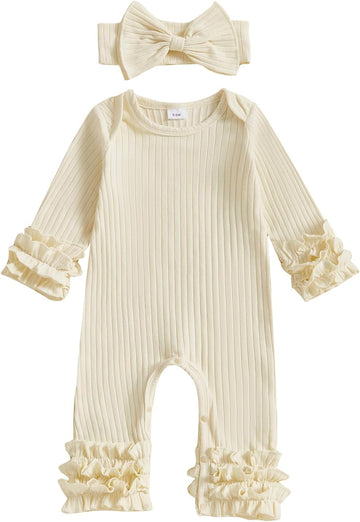 Newborn Girl Outfits Infant Baby Clothes Set Ribbed Knit Romper Headband Ruffle Long Sleeve Solid Bodysuit Jumpsuit