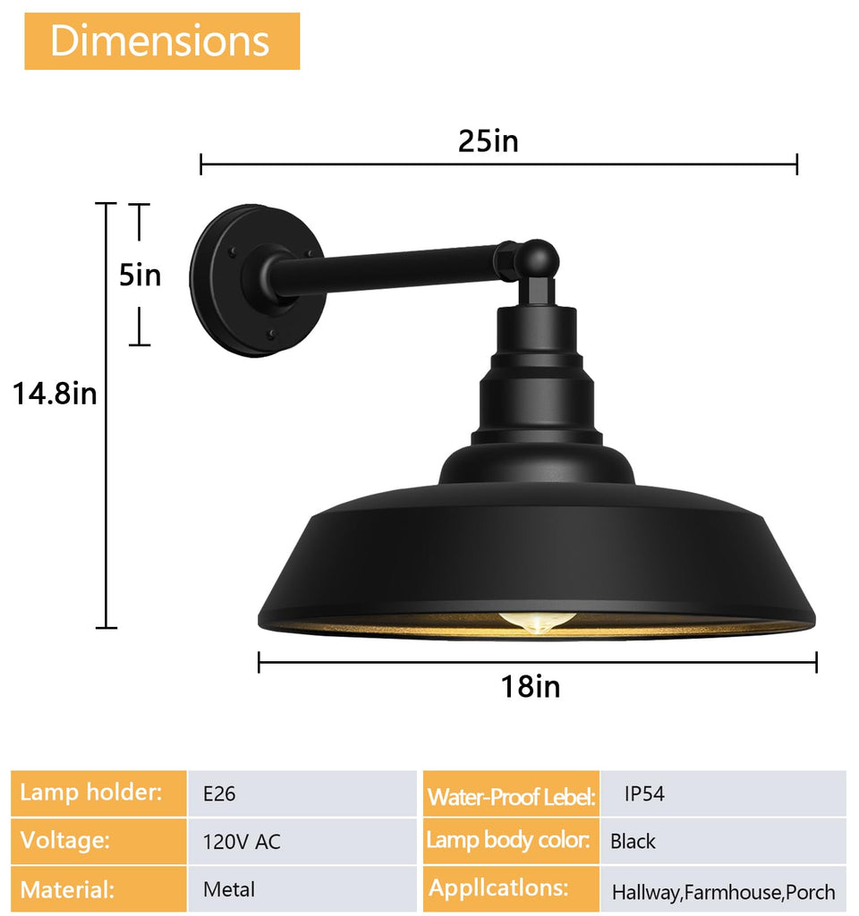 18" Black Gooseneck Barn Lights, Rust-Resistant, 2-Pack