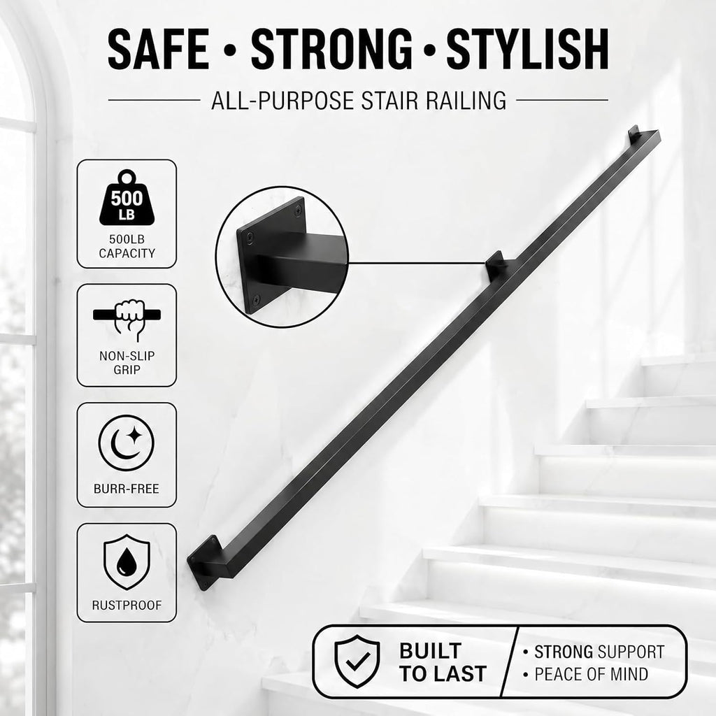 18FT Stair Railing Indoor Outdoor, 500LB Heavy-Duty Wall Mounted Handrail