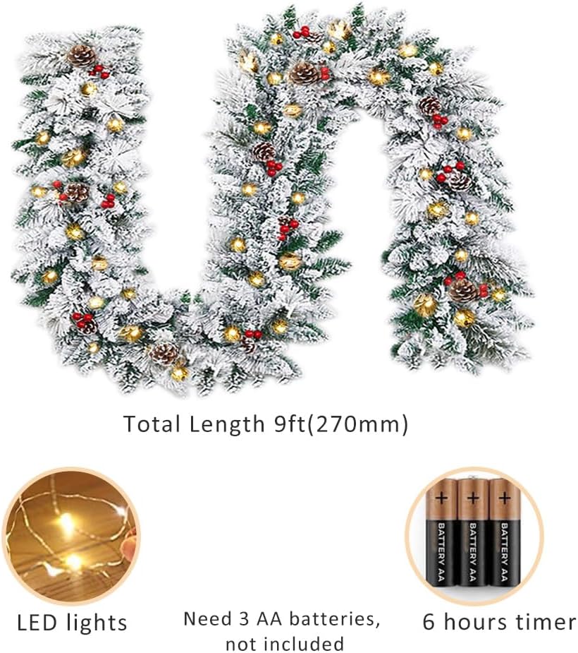 Christmas Garland with Lights, Cedar Xmas Holiday Decoration Snow Flocked Artificial Garland with Pinecones Berries