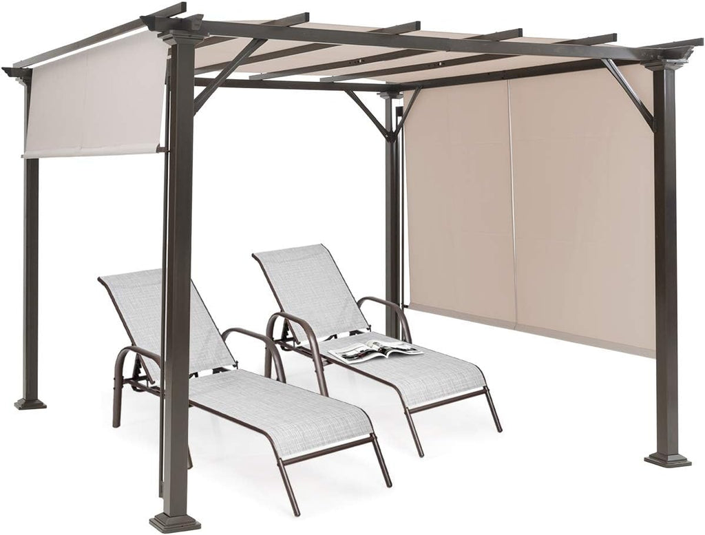 10x10FT Outdoor Patio Shade Structure, Steel Pergola with Retractable Canopy Shades, Rustproof Metal for Patio