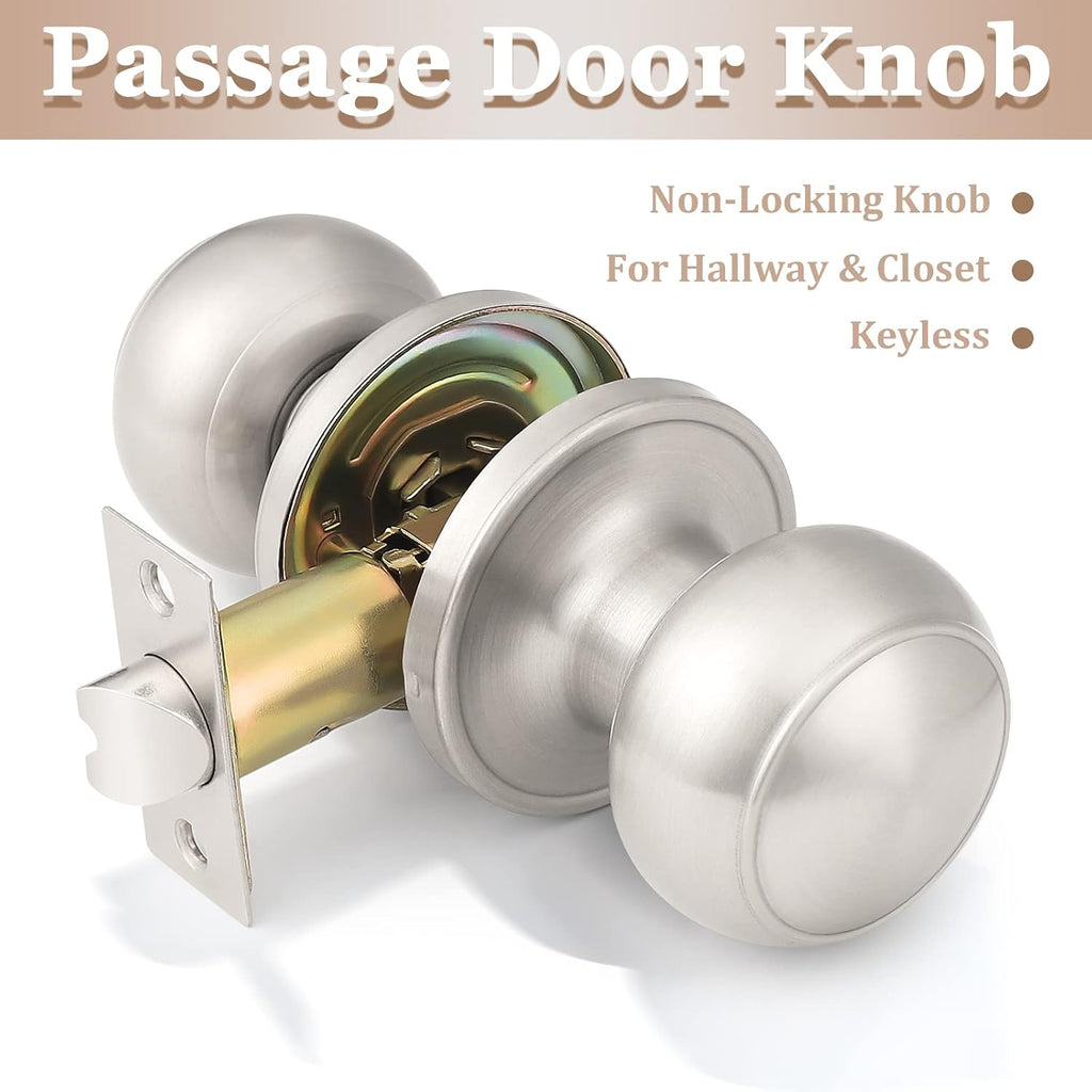 6 Pack Round Passage Door Knob(Non-Locking Knobs), Keyless Doorknobs Interior/Exterior Door Lockset,Passage Knobs
