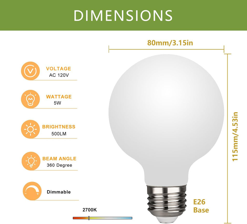 G25 LED Globe Light Bulbs Glass, E26 Base, Warm White 2700K, 6 Pack