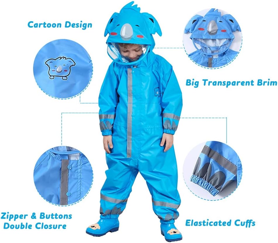 Toddler Rain Suit, Kids Muddy Play Buddies One Piece Hoodie Rain Jacket Coat Poncho Gear Coverall Baby Girl Boy
