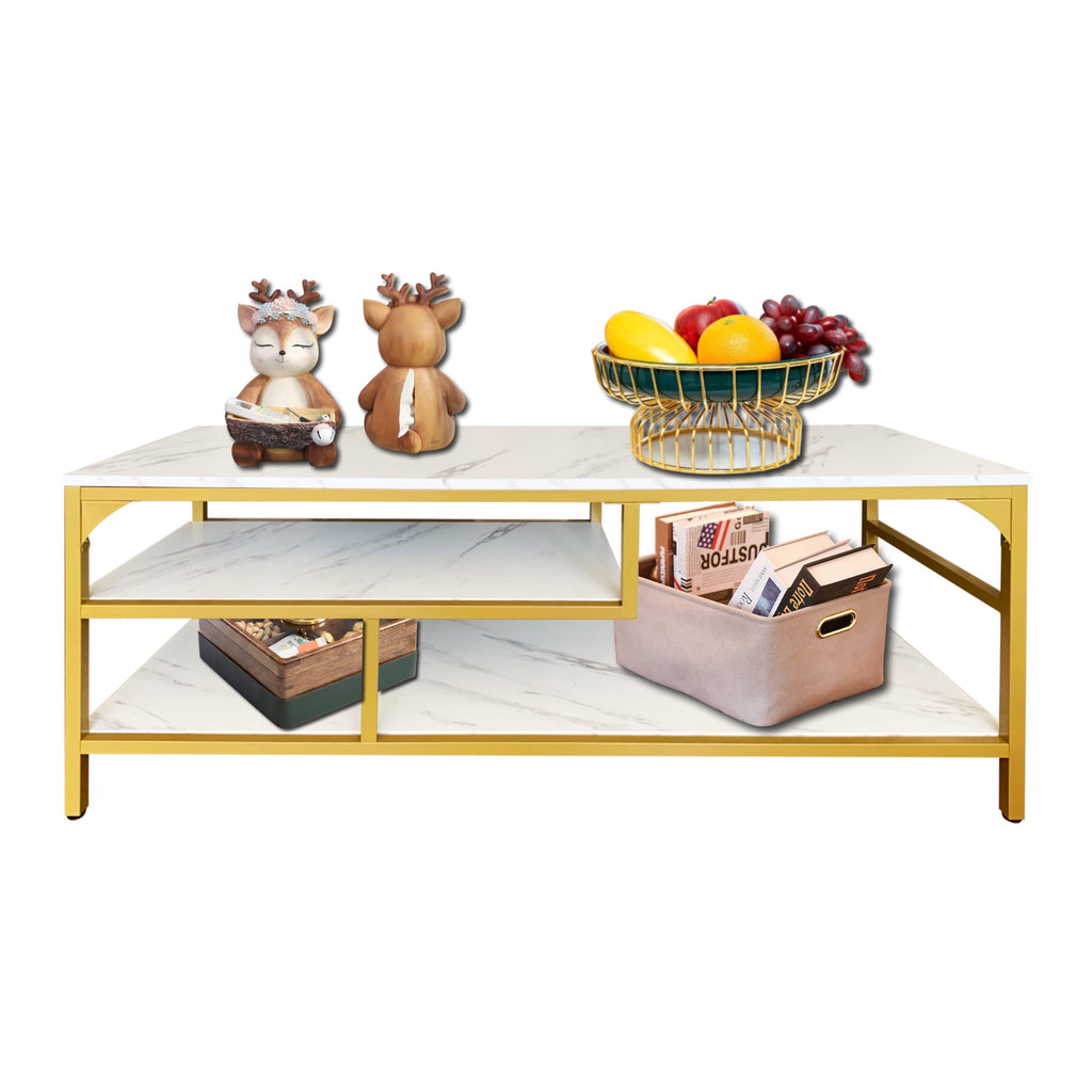 3-Tier Stand for TV Media Console Table with Open Shelving Storage Bedroom (Gold Frame with White Faux Marble top PB