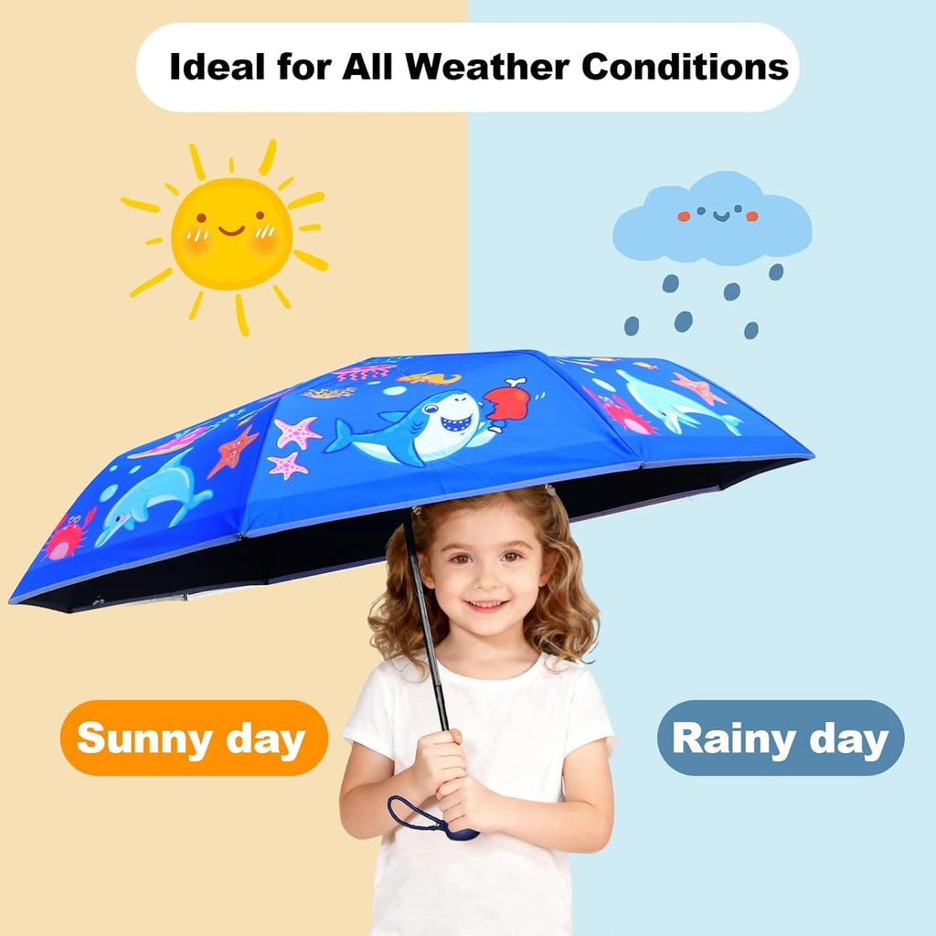 Kids Automatic Umbrella with Cartoon Print & Reflective Strip,easy One-Button Open Close, UPF 50+ Sun & Wind