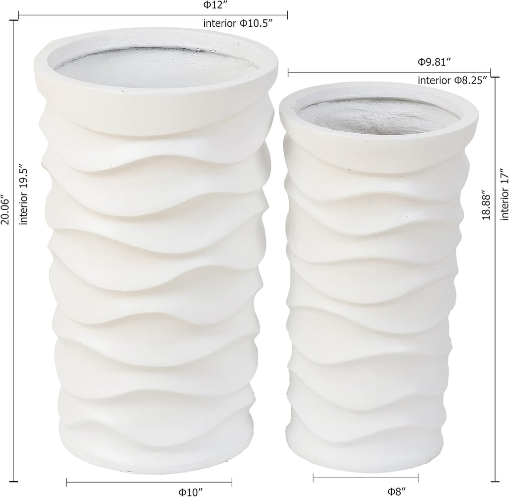 LuxenHome Tall Planters for Outdoor Plants, Set of 2 Garden White | With Drainage Hole and Rubber Plug, Modern White