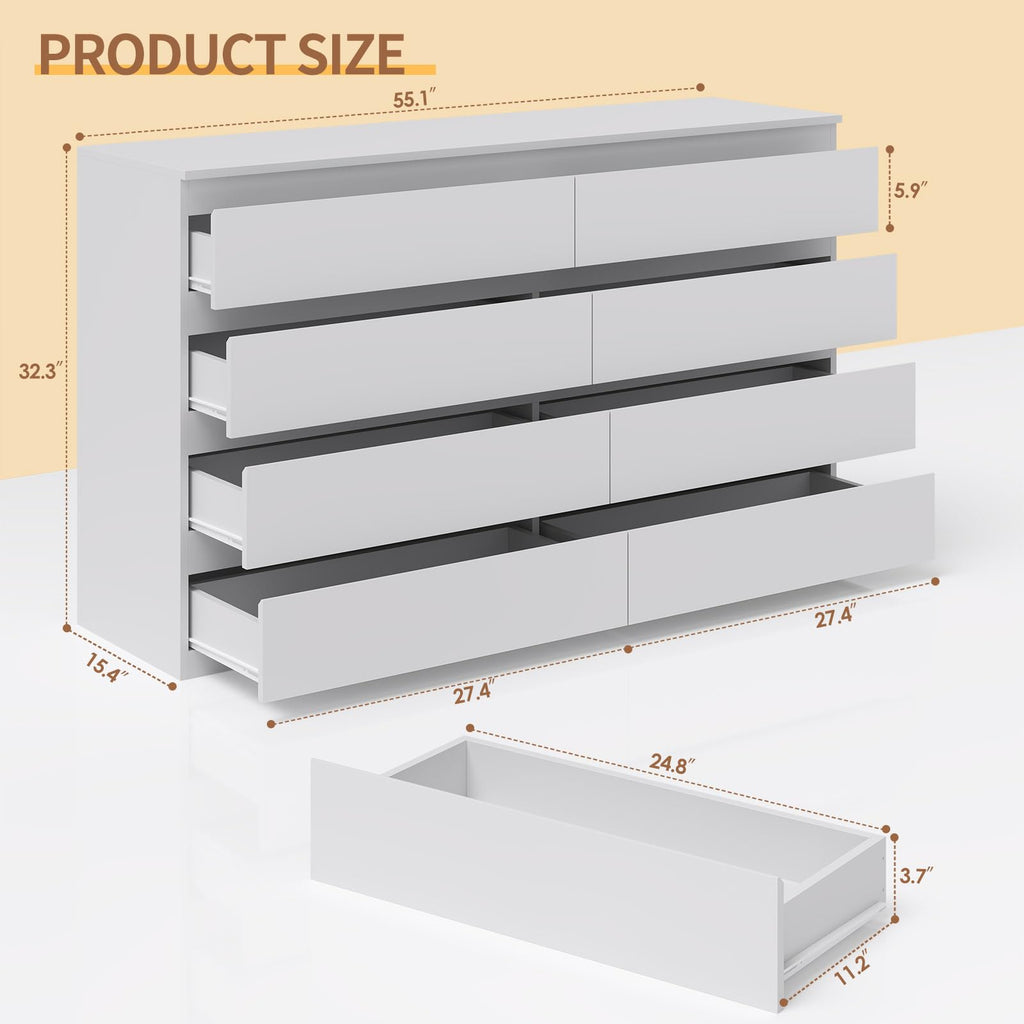 8 Drawer Dresser 55" Wide White Wood Modern Chest