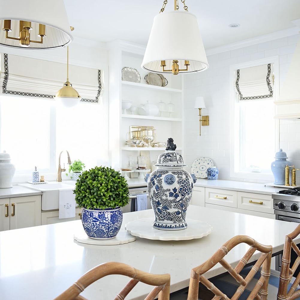 Artificial Topiary Boxwood Ball in Blue and White Ceramic Pot, 10 Inch Artificial Boxwood in Planters Decorative Fake