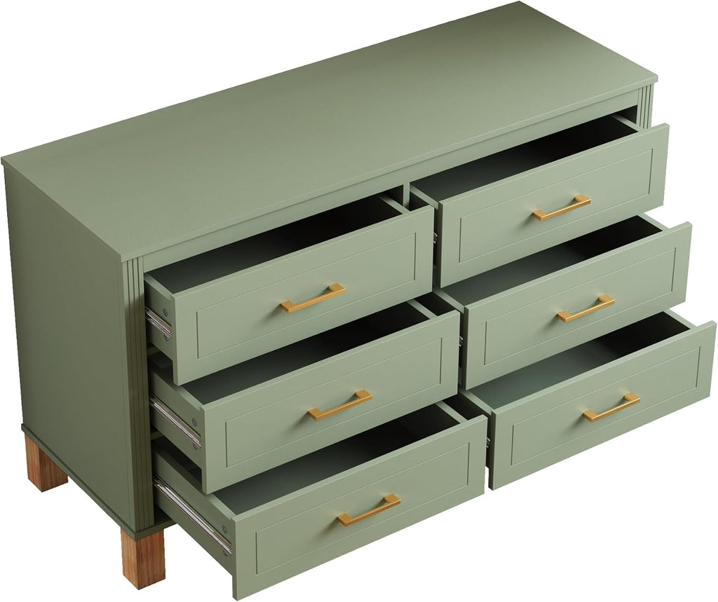 Modern 6 Drawers Double Dresser with Metal Handles for Bed Room, Sage Green | Dresser Chest of Drawers with Solid