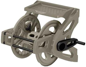 Slide Trak Garden Hose Reel, Wall-Mount Holder with Storage Tray, Dark Taupe - Outdoor Mounted Organizer for 175 Ft