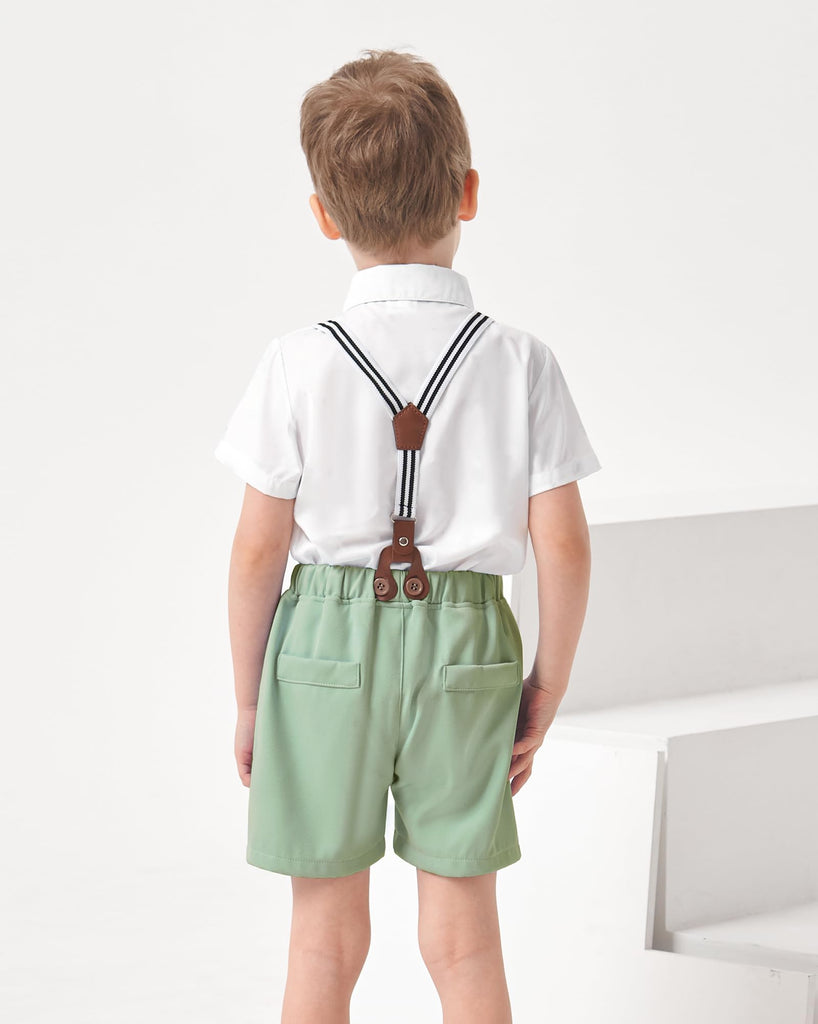 Baby Boy Wedding Outfit Beige Short Sleeve Shirt Apricot Short Suspenders Pants Easter Suits For Toddler Boys
