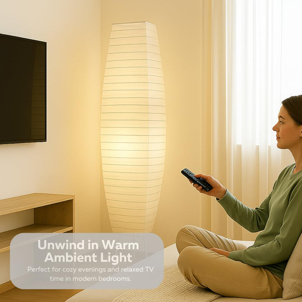 59" Rice Paper Floor Lamp with 12" Wide Shade, Modern Japanese Lantern Standing Lamp with Chrome Base and Foot Switch