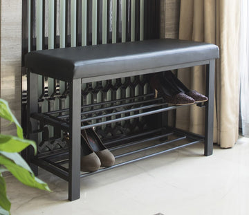 Entryway Shoe Rack with Cushioned Seat, Shoe Bench for Entry, 2 Shelves Storage Bench w/Faux Leather Top Bed Bench