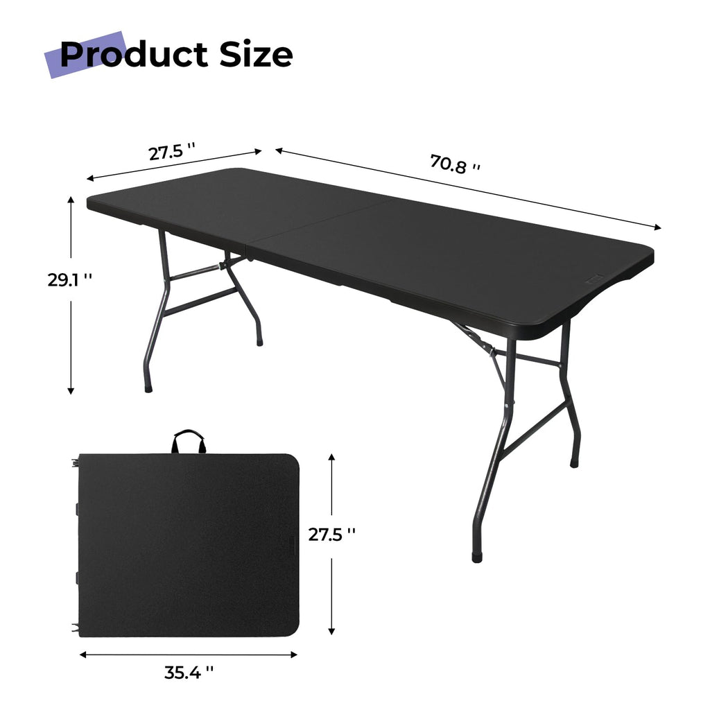 Folding Table 6ft, Heavy Duty Portable Utility Table with Handle, Black